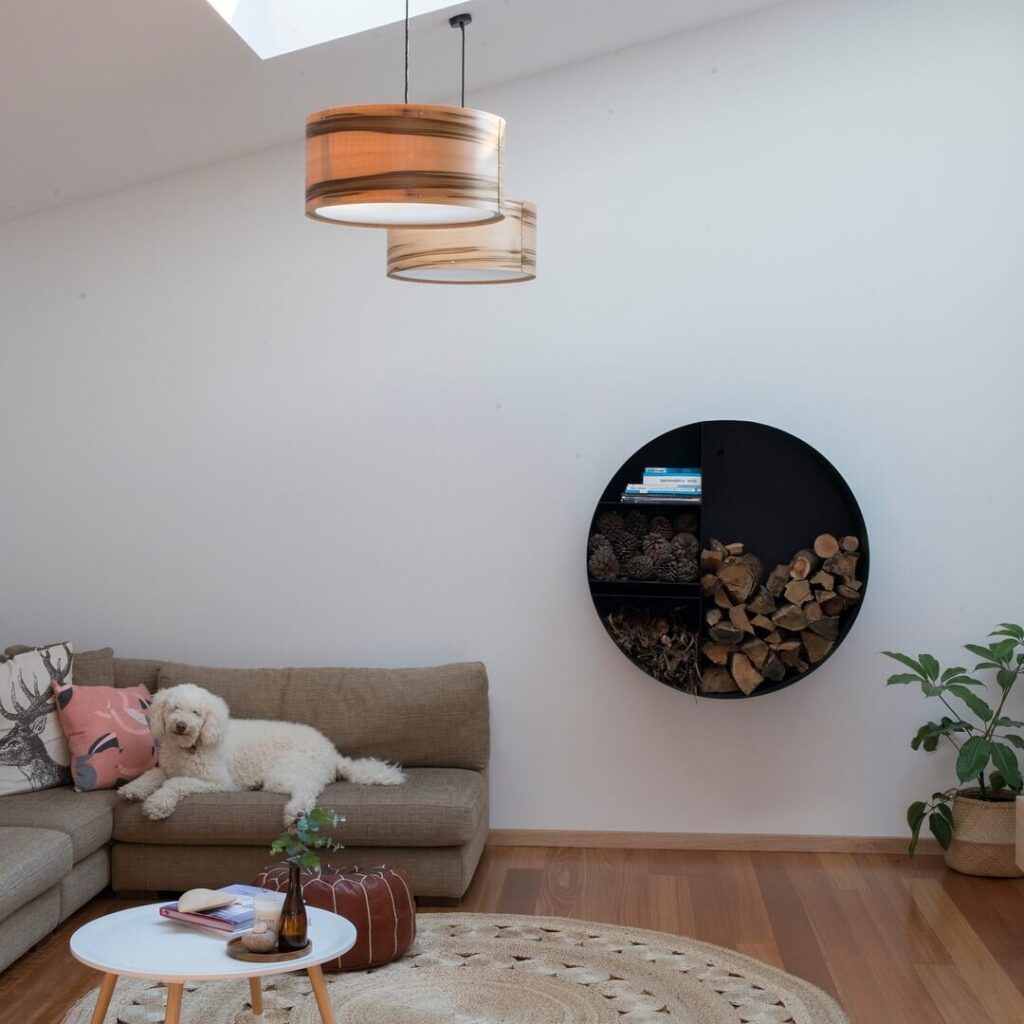 Axiom Lighting unique residential lighting timber veneer pendants in lounge room